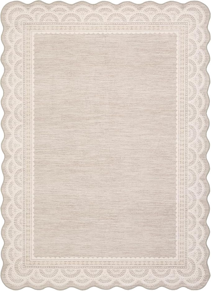 Garvee Washable Area Rug 8x10 Scalloped Lace Rug for Living Room Beige | Non Slip Low Pile Rug, Non-Shedding Carpet for Bedroom Playroom Kids Room, Stain Resistant Rugs, Solid Rug for Girls Room