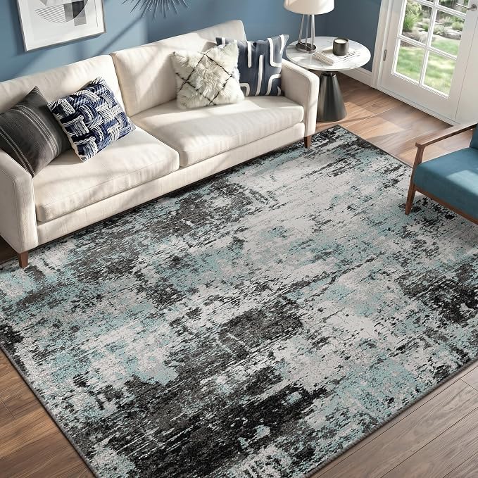 RELEANY Washable 6'x9' Abstract Area Rug for Living Room Teal Black | Carpet for Bedroom, Kitchen, Office, Hallway and Entryway, Printed Pattern, Non‑Slip, Soft, Stain‑Resistant, Easy to Clean