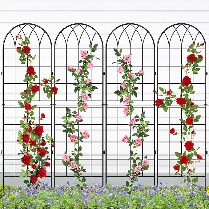 SUNYRISY 4Pack Metal Garden Trellis for Climbing Plants Outdoor, 71x20in Metal Plant Support for Flowers Tomato Cucumber Rose Vegetable Garden Courtyards Lawns Decoration, Black