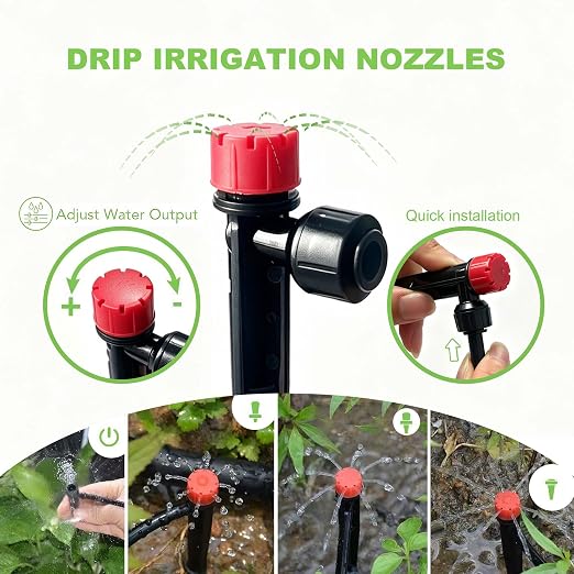 Drip Irrigation System, 2026-Upgrade 33FT+197FT 1/4" Garden Watering Kit with Adjustable Red & Blue Emitters, 3/4" Brass Connector, DIY Kit for Garden, Greenhouse, Potted Plants & Raised Beds