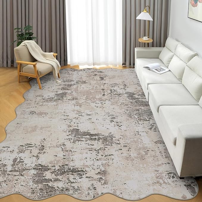ROYHOME Modern Abstract Scalloped Area Rug 9x12, Brown Grey | Non Slip Non Shedding Rug Low Pile Stain Resistant for Bedroom Living Room