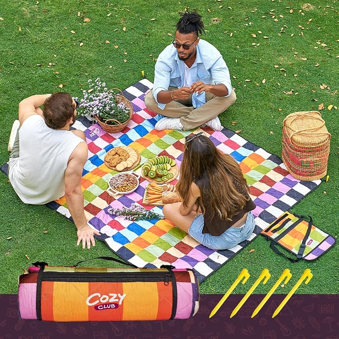 Cozy Club Waterproof Picnic Blanket – Foldable Outdoor Mat 60x70 with Stakes, Pocket & Shoulder Strap | Sandproof Beach Blanket for Festivals, Camping & Travel | Self-Packing | Multicolor | US Brand