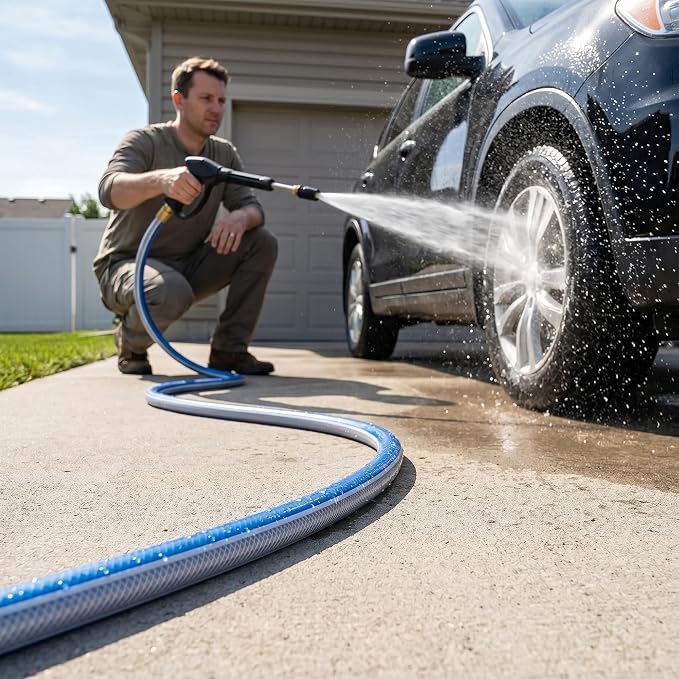 Blue Garden Hose 3/4 in. x 25 ft. -Non Kinking, Leak Free, Flexible, Male to Female Fittings -Heavy Duty Lightweight Durable PVC Water Hose -150PSI Work & 500PSI Burst, for Lawn & Commercial Use