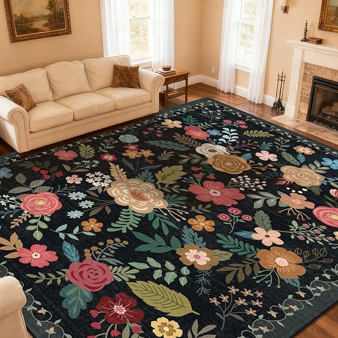Extra Large 10x14 Area Rug for Living Room, Washable Rugs for Dining Room, Bedroom, Non Slip Stain Resistant Carpet, Low Pile Vintage Floral Rug (Black)