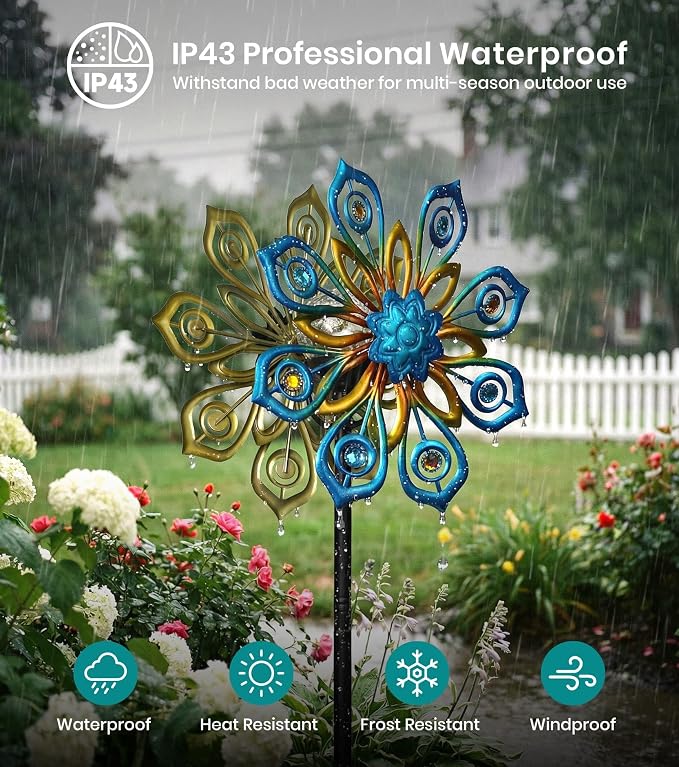 63" Solar Wind Spinners Outdoor, 13" Metal Kinetic Garden Art Decor | Artisan Hand-Crafted,Weather-Resistant,Heavy-Duty,Whisper-Quiet Bearings,Auto-Glow Solar Crackle,Stable 5-Prong Ground Stake