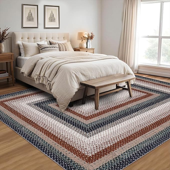 RUGSREAL Washable Area Rug 6x9 Braided Print Rugs for Living Room Bedroom | Modern Geometric Large Dining Room Rug Non Slip Dining Room Farmhouse Accent Throw Carpet for Home Decor, Olive/Brown