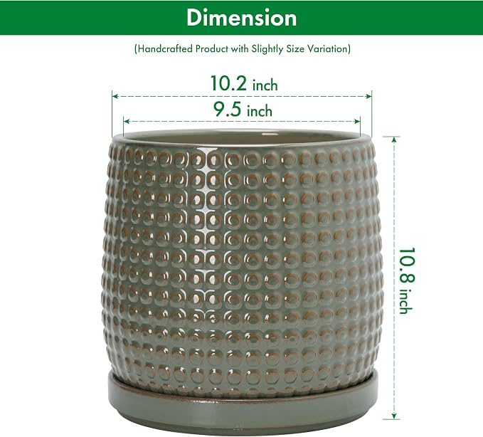 D'vine Dev 10 Inch Ceramic Beaded Stoneware Planter Pot - Flower Pot with Drainage Holes and Saucers for Indoor Succulent Plants or Flowers, Olive, 27-C-P-0