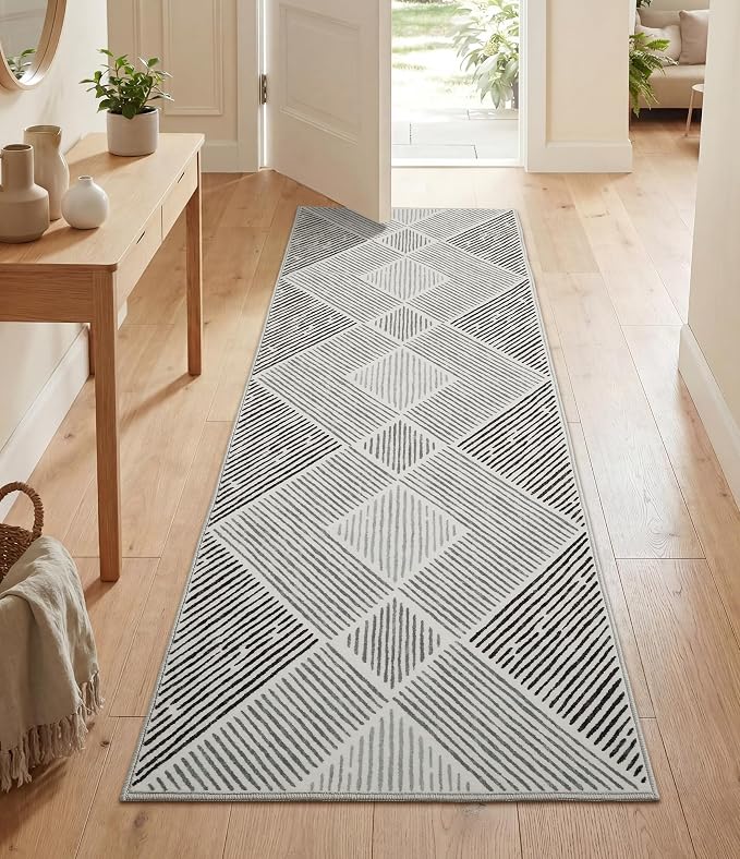 2‘x6' Washable Black and White Geometric Runner Rug for Kitchen | Non-Slip, Low Pile, Stain Resistant, Modern Stripe Long Runner Rug for Hallway Entryway Bedroom