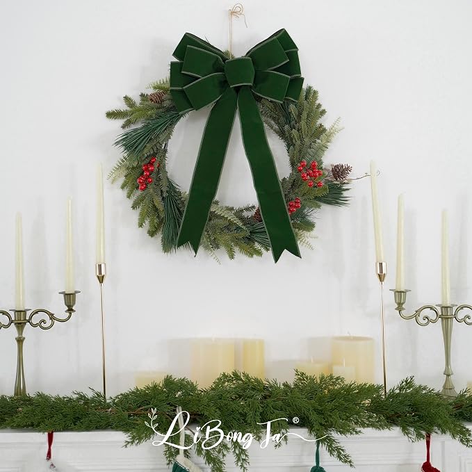 13" Moss Green Bow Pre-Tied Bow for Christmas Tree, Green Velvet Ribbon Bows for Wreaths, Premade Tree Toppers Bows for Gift Wrapping, Party Favor, Christmas Home Indoor Outdoor Decor-1 Count
