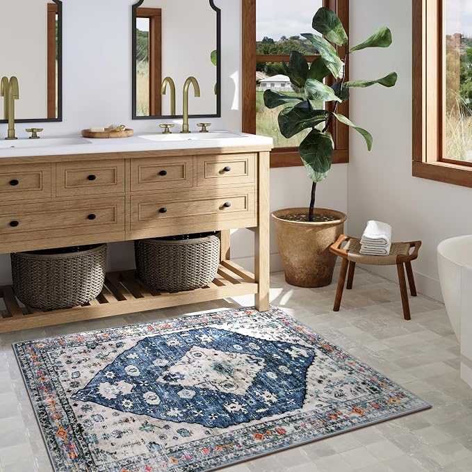 Lahome Felice Boho Tribal Area Rug - 3x5 Blue Living Room Rug Soft Non Slip Washable Office Mat, Low Pile Oriental Entry Way Carpet for Kitchen Sink Bedside Coffee Table Studio Apartment, Blue