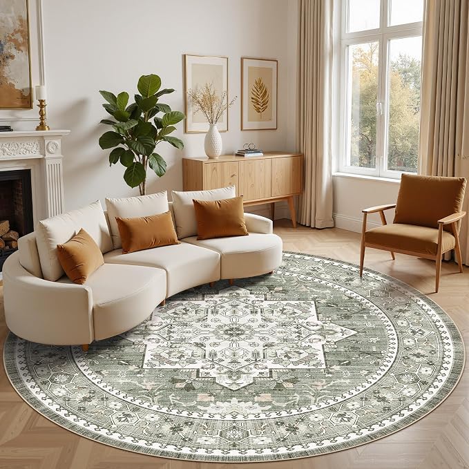 Washable Area Rug-8X8 Vintage Neutral Soft Green | Non Slip Thin Foldable Large Floor Carpet for Living Room Bedroom Kitchen Dining Room Home Office Farmhouse Indoor