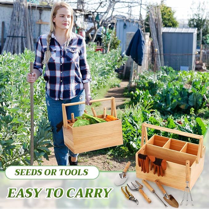 Remerry 8 Pcs Gardening Tools for Women Harvest Basket Vegetables with Handles Wood Stainless Steel Tool Kit Garden Caddy Spring Harvesting Basket Gift for Mother Gardening Lovers Enthusiast Planting