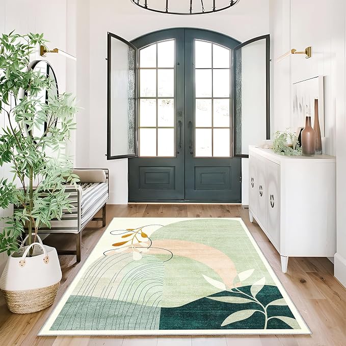 3x5 Rug Washable Area Rugs Low Pile Non Slip Mid Century Modern | Small Throw Carpet for Bedroom Entryway Living Room Office Bedside Entry Indoor Boho Abstract Retro Geometric Green