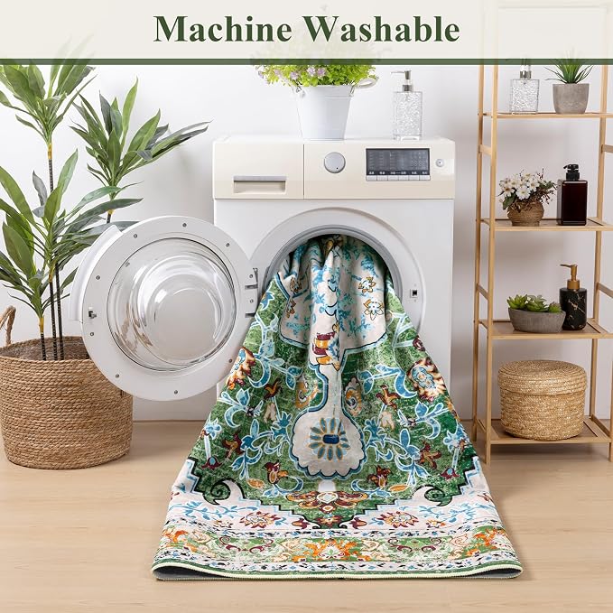 U'Artlines Boho Vintage Area Rug 5x8 Machine Washable Carpet, Green | Low Pile, Non Slip, Ultra-Thin Soft Floor Carpet, Accent Rug for Living Room Bedroom Dining Room Office
