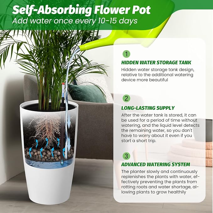 22" Tall Planter Set of 2, Self Watering Pots, Large Planter for Indoor Outdoor Plants, Built-in Drainage and a Water Level Monitor, Tall Planters for Patio, Porch, Living Room, Home Office, White