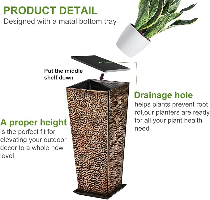 BAYN 2-Pack 24" Tall Metal Planter – Hand-Hammered Textured Large Bronze Flower Pots Box with Saucer for Outdoor&Indoor, Garden, Porch, Patio, Yard with Pre-Drilled Drainage Holes