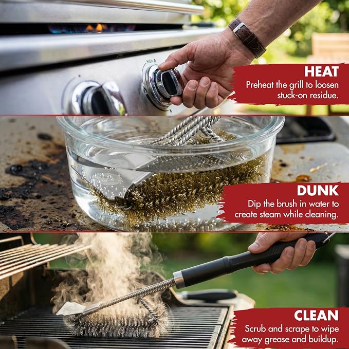 Kitchen Perfection Brass BBQ Grill Cleaning Brush and Scraper -GrillSaver | Safe Brass Wire Bristles for Porcelain & Ceramic Grates, Replaceable Head, Magnetic Hanger, Bottle Opener & 3 Ebooks
