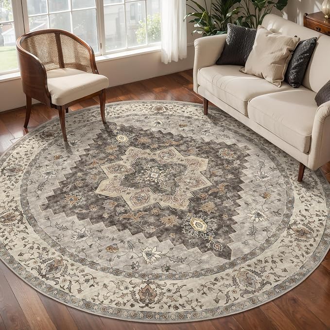 Tangsoo Washable Round Area Rugs 5ft, Vintage Non Slip Circle Rug Low Pile | Farmhouse Soft Circular Rugs, Oriental Round Carpet for Living Room Bedroom Dining Room Nursery Office Grey Home Decor