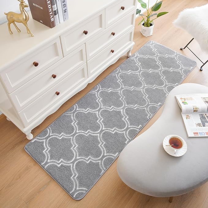 Chicrug 2x6 Shag Geometric Modern Runner Rug for Bedroom Hallway | Memory Foam Indoor Runner Carpet, Fluffy Rug for Living Room Bedside Room for Family, Grey and White