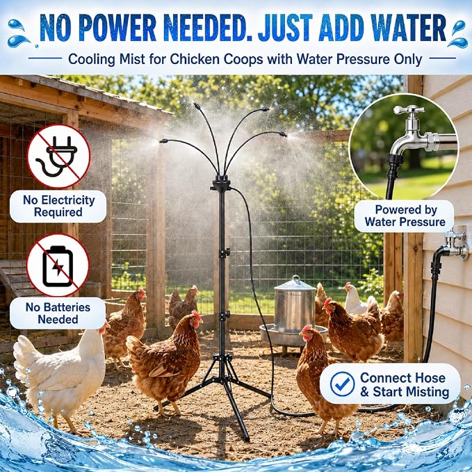 BobbleT Standing Misters for Chicken Coop, 5.3 FT Adjustable Poultry Cooling Misting System, 360° Full Coverage Cooling Portable Water Mister for Outside Patio, Helps Relieve Heat Stress, Reduce Dust
