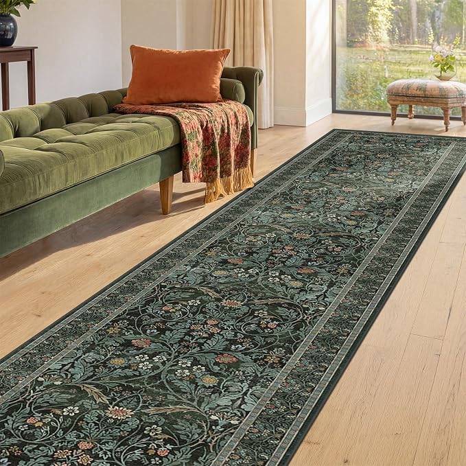 2x10 Long Hallwag Runner Rug 10ft, Washable Dark Green Indoor Floor Mats for Entryway Non Slip, Flower & Botanical Pattern Stain Resistant Carpet