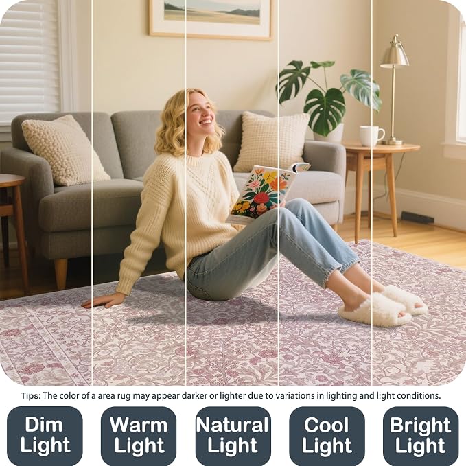 Vintage Pink Living Room Rug, 6x9 Washable Area Rugs for Dining Room Under Table, Soft Low Pile Large Carpet Bedroom, Non-Slip Boho Floral (6 x 9 Pink)