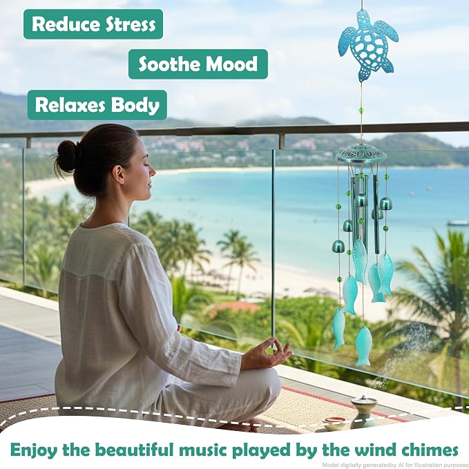 Sea Turtle Glass Windchimes Unique Metal Wind Chimes for Outside Pendant | Sea Turtle Ornament Memorial Windchimes Outdoors, Outdoor Metal Wind Chimes, Home Gifts for Women, Patio Porch Garden Decor
