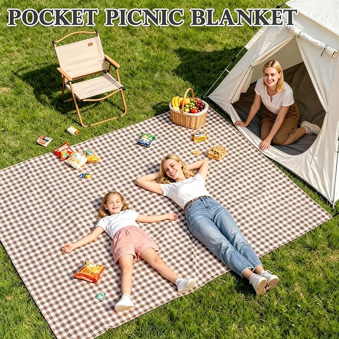 Fammart Pocket Picnic Blanket Sandproof Waterproof, Portable Lightweight Camping Tarp, Quick Dry Foldable Compact Beach Mat with Corner Pockets & Stakes for Festivals Hiking Outdoor Essentials