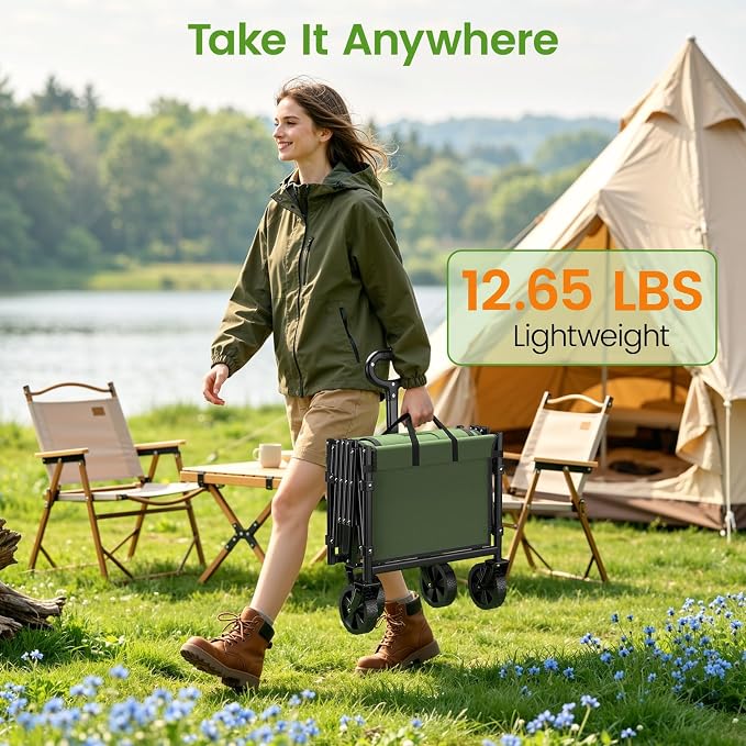 35'' Extra Long Collapsible Wagon with Wheels, 220 LBS Folding Wagon with 360° Swivel Wheels Adjustable Handle, Lightweight Portable Utility Cart for Grocery, Shopping, Garden, Sports, Camping, Green