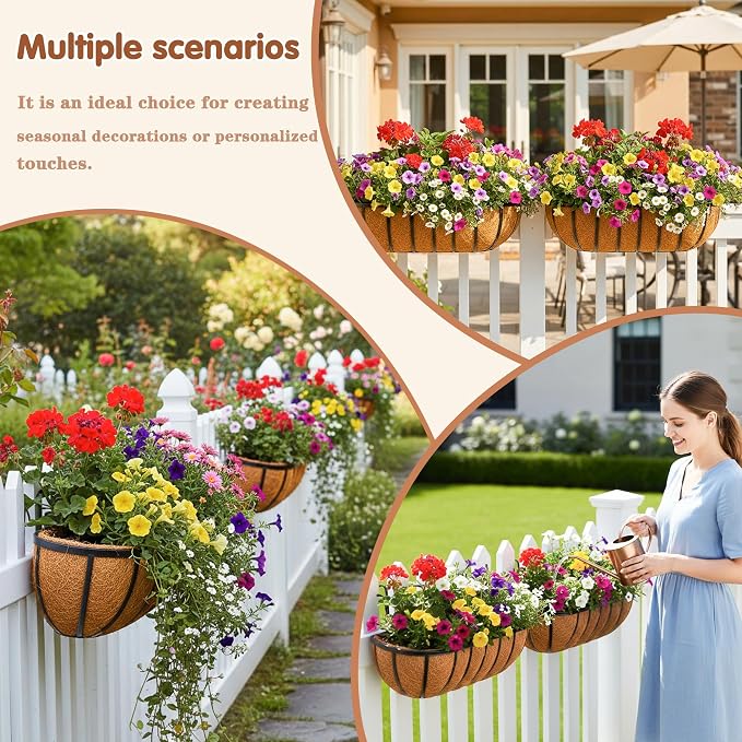 2 Pcs 16“ Railing Planter Window Box Deck Railing Planters Boxes with Coco Liner English Horse Trough Planters Metal Wall-Mounted Planter Basket for Outdoor Balcony Porch Fence Patio Rail