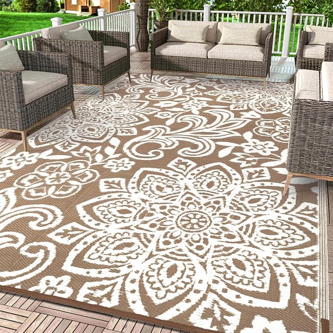 Findosom Waterproof Outdoor Rug 9' x 12' - Reversible Mandala Outdoor Plastic Straw Rug, Durable Foldable Patio Rug for RV, Deck, Balcony, Backyard, Picnic, Porch, Camping, Beach, Brown
