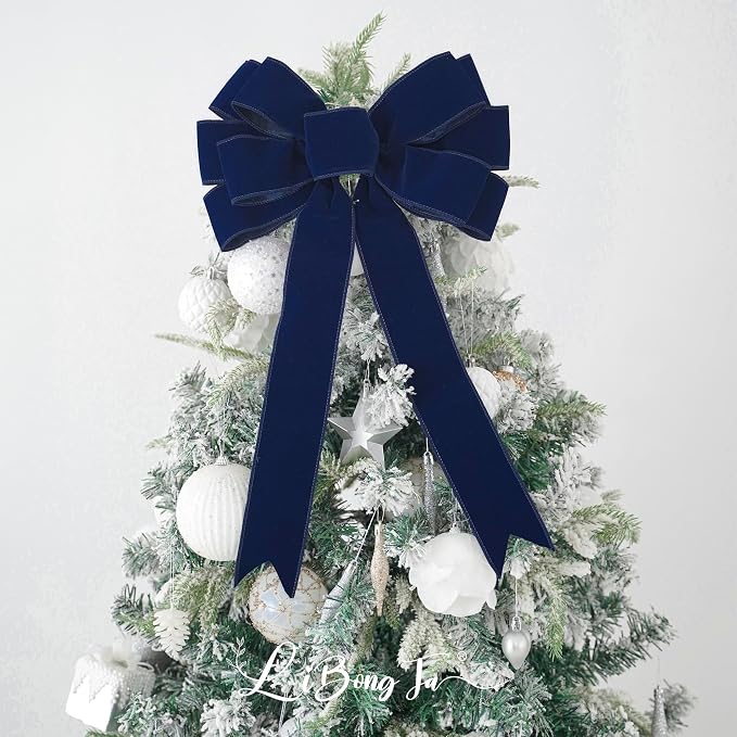 13" Navy Blue Velvet Christmas Tree Topper Bow, Premade for Wreaths, Gift Bows, Home Decor