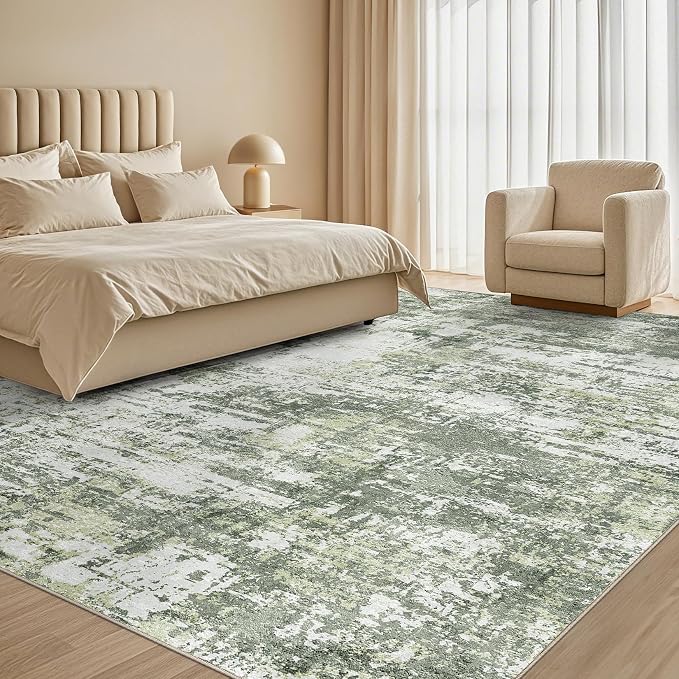 Tortania Washable 5x7 Area Rug for Living Room: Modern Abstract Neutral Large Soft Thin Rugs - Non Slip Indoor Carpet for Bedroom Dining Room Office Nursery Home Floor Decoration - Green