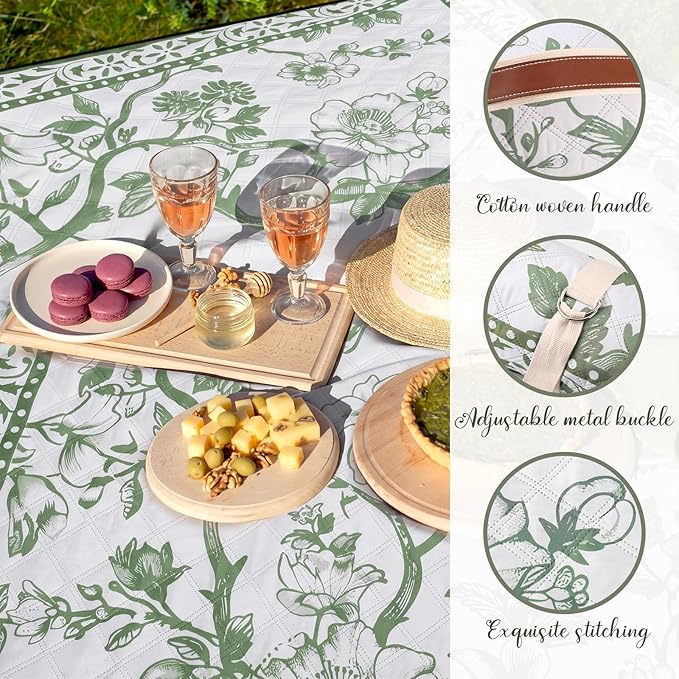 Newwiee 80 x 80 Inch Green Floral Picnic Blanket Extra Large Outdoor Chinoiserie Picnic Mat with Carry Strap Waterproof Sandproof Blanket Foldable Portable for Beach Camping Grass Lawn Park