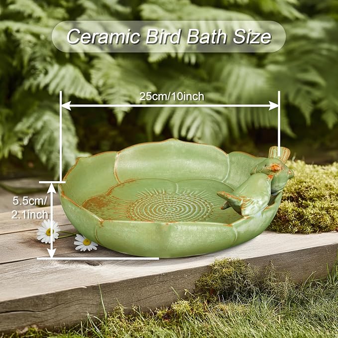 Ceramic Bird Bath for Outdoors, 10 Inch Bird Bath Bowl Only, Heavy Duty Ground Bird Feeders Tray, Durable Bird Feeding Bowl for Yard and Garden, Green