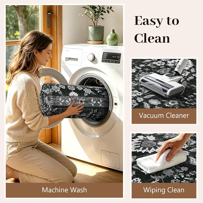 6x9 Ft Large Area Rugs for Living Room, Soft Non-Slip Machine Washable Rug, Vintage Stain Resistant Carpets for Bedroom Nursery Dining Room Home Decor (Black)