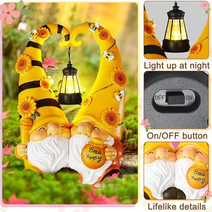 Kathfly Solar Bee Gnome Statue Gifts 11.8 Inches Garden Resin Sunflower Bee Gnome Statue with Solar Lights Double Cute Gnomes Statues for Birthday Gift Yard Patio Lawn Porch Decor