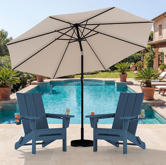 SERWALL Modern Folding Adirondack Chair Set with 9 Ft Umbrella, Folable Adirondack Chairs Set of 2 with Cup Holders, HDPE Fire Pit Chairs for Patio Lawn Garden, Blue (Umbrella Base is not Included)