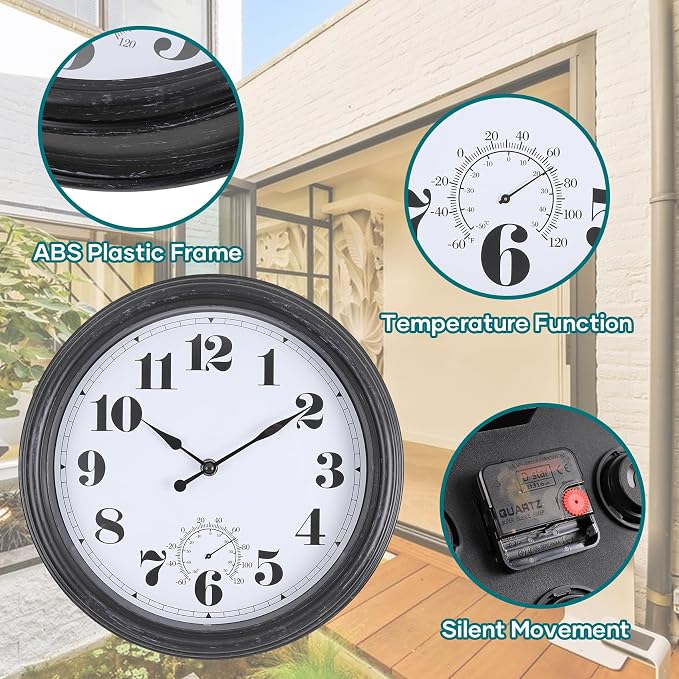 Outdoor Wall Clock 12 Inch Waterproof Outdoor Clocks with Thermometer Wall Clock Battery Operated Non-Ticking for Patio Pool Garden(12Inch, Dark Black)