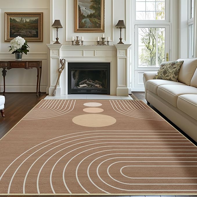 Area Rug 5x7 Boho Modern Minimalist Geometric Abstract Rug Brown Mid Century Modern Rug for Living Room Machine Washable Non-Slip Printed Low Pile Indoor Carpet for Bedroom Dining Room Office Brown