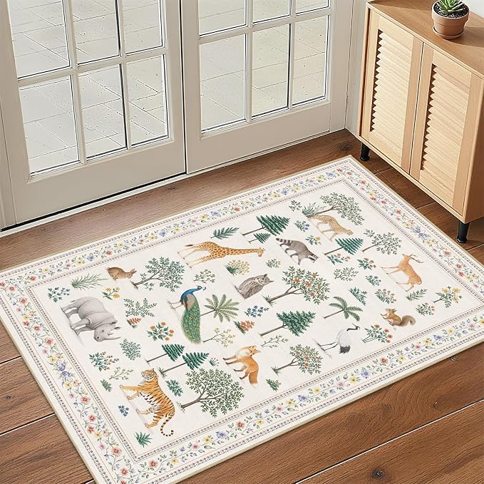 Jungle Animal Print Rug 2x3 for Entryway Wild Zoo Animals Forest Area Rugs Machine Washable Rug Non Slip Print Low Pile Indoor Front Door Mat for Kids Room Nursery Bathroom Playroom Kitchen,Beige