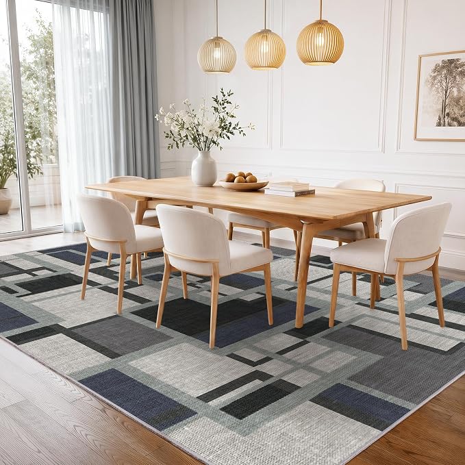 Modern Geometric 9x12 Area Rug for Living Room, Slate Blue Washable Rugs | Blue Grey Patchwork Blocks Non-Slip Indoor Carpet for Bedroom Dining Room Office | Abstract Soft Low-Pile Large Rug