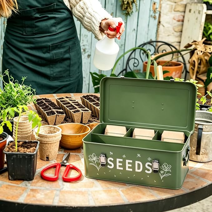 Seed Storage Organizer Box with 4 Compartments, Metal Seed Saving Container with Lockable Lid and Safety Locks, Includes 50 Envelopes, 100 Plant Labels, 50 Clips and Marker (Olive Green)
