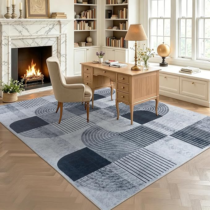 9'x12' Area Rug for Living Room, Washable Modern Abstract Soft Carpet | Low Pile, Indoor Floor Non Slip Stain Resistant Carpet for Bedroom Dining Room Farmhouse Nursery Home Office, Blue & Gray