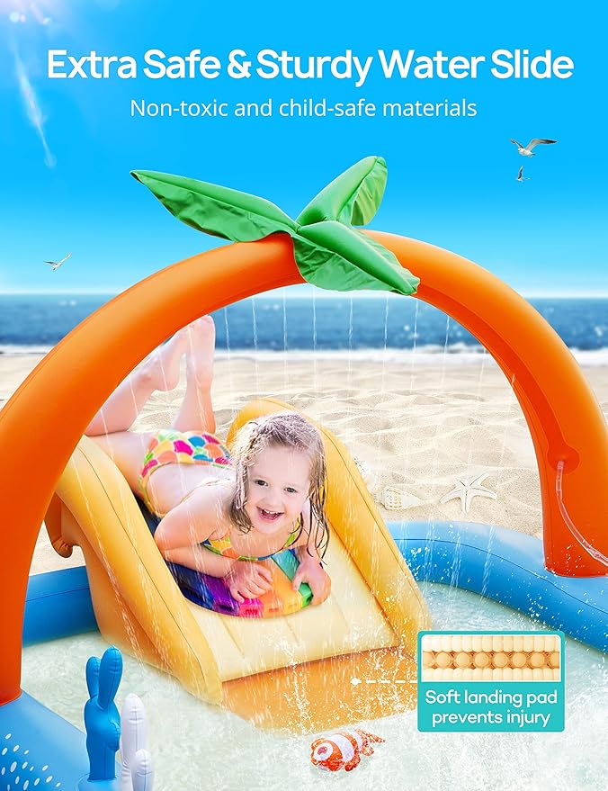 Inflatable Kids Pool, Kiddie Pool with Water Slide, Coconut Palm Sprinkler | Inflatable Play Center, 95"x75"x40" Outdoor Blow-Up Splash Pad Pools for Toddlers Ages 2+, Water Park for Summer Fun