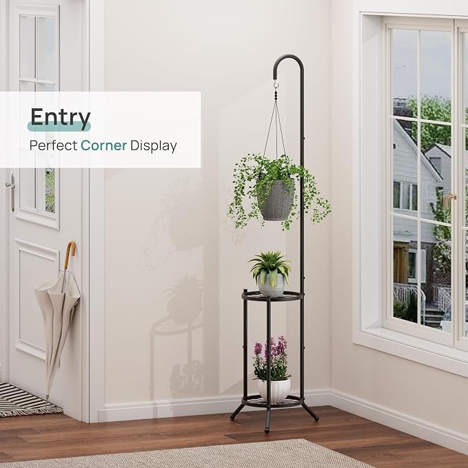 2-Tier Hanging Plant Stand, Heavy Duty Metal Planter Rack - Space Saving Indoor/Outdoor Shelves with 41" Hanging Space - Display Multiple Flower Pots, Tall Iron Plant Organizer for Living Room, Patio & Garden