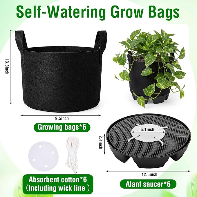 Jingmore 6 Set 5 Gallon Grow Bag Self Watering Fabric Pot Base Automatic Watering System Plant Nonwoven Grow Bag Handle Plant Saucer Elevate Flower Tray for Garden Indoor Outdoor Greenhouse (Black)