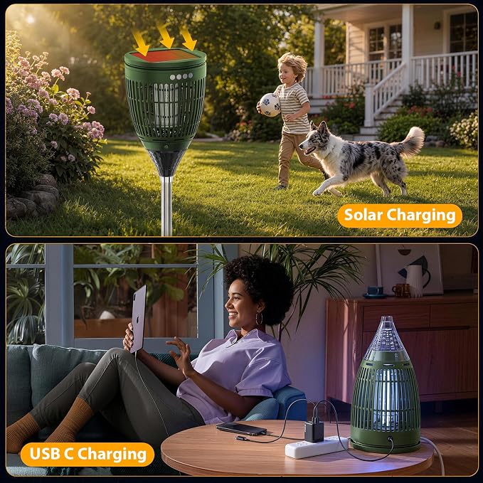 Rossetta Solar Bug Zapper Outdoor, Mosquito Zapper with Flame Lamp & Projector Light, 4200V Electric Fly Zapper Waterproof Rechargeable Mosquito Killer, Cordless Fly Trap for Patio, Backyard, Garden