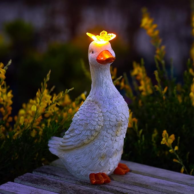 Garden Goose with Solar Butterfly Statue | Durable resin material for yard use, warm LED glow, unique gift for mom & garden lovers, housewarming decor
