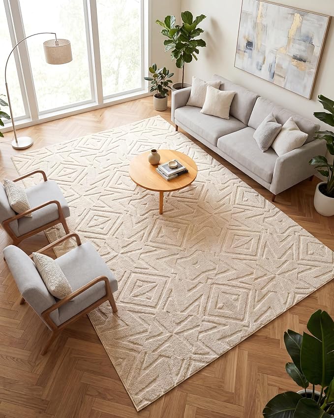 Carvapet 5x7 Area Rug Beige Geometric Washable High Low Pile Carpet | Soft plush washable carpet with high low pile texture and non slip backing for living rooms, bedrooms and family spaces